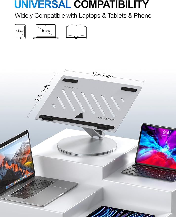 Laptop Stand for Desk, 360° Rotating & Height Adjustable Ergonomic Computer Riser with Aluminum Cooling Vents for 10-16" MacBook, Dell, Lenovo (Foldable, Portable for Office & Home) - Silver