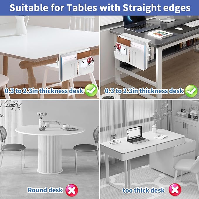 Desk Side Storage, Hanging Desk Organizer with Magnetic Pen Holder, No Drill Vertical Laptop Holder Fits Flat Edge 0.3" to 2.3"