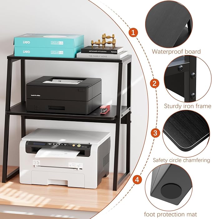 Printer Stand, Desktop Printer Shelf, 3 Tier Desk Shelf for top of Desk, Large Printer Stands Office Organization Shelves for Home Office Printer Fax Book, Black