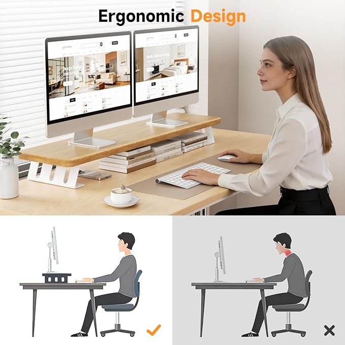 Dual Monitor Stand Riser, 39 Inch Large Wood Monitor Stands for 2 Monitors, Desk Monitor Riser for Computer/Laptop/Printer/TV, Stand Riser up to 220 lbs