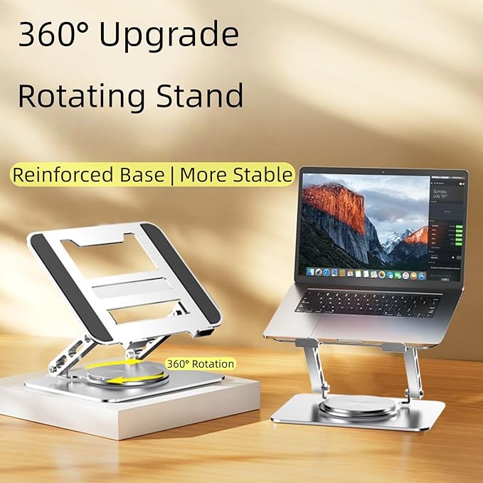 Adjustable Laptop Stand with 360° Rotating Base, Ergonomic Foldable Design, Compatible with MacBook Pro Air and Laptops 10-16 Inches (Silver, Upgraded Version)