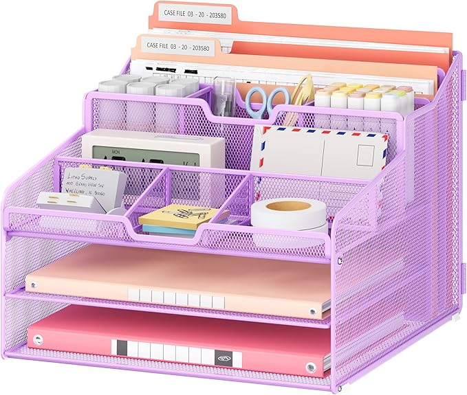 Lavatino Desk Paper File Organizer - Metal Mesh with 2 Letter Trays, 7 Flexible Dividers, 2 Vertical File Folder Holders for Office/Home/Classroom Supplies, Desk Organizers and Accessories, Purple