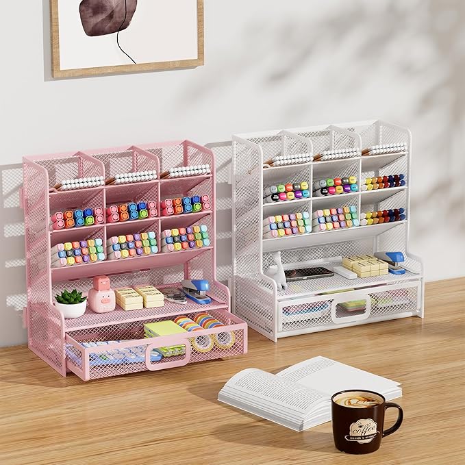 Marbrasse Larger Mesh Desk Organizer with Drawer, Multi-Functional Pen Pencil Holder, Easy Assembly, Desk Organizers and Accessories for Office Art Supplies (Pink)