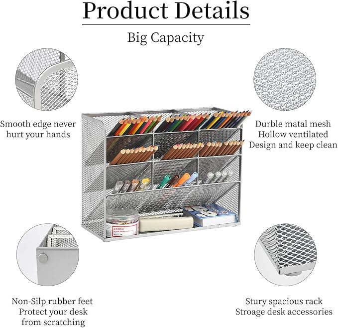 Marbrasse Mesh Desk Organizer, Multi-Functional Pen Holder, Desktop Stationary Organizer, Storage Rack for School, Home, Office, Art Supplies (Mesh Pen Holder-Silver)