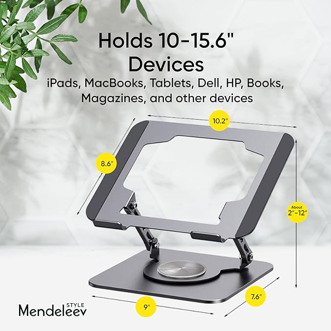 Grey Laptop Stand for Desk with 360 Rotating Base Compatible with MacBook Pro/Air Notebook up to 16 Inches Computer Stand for Laptop Ergonimic Foldable Riser for Desk