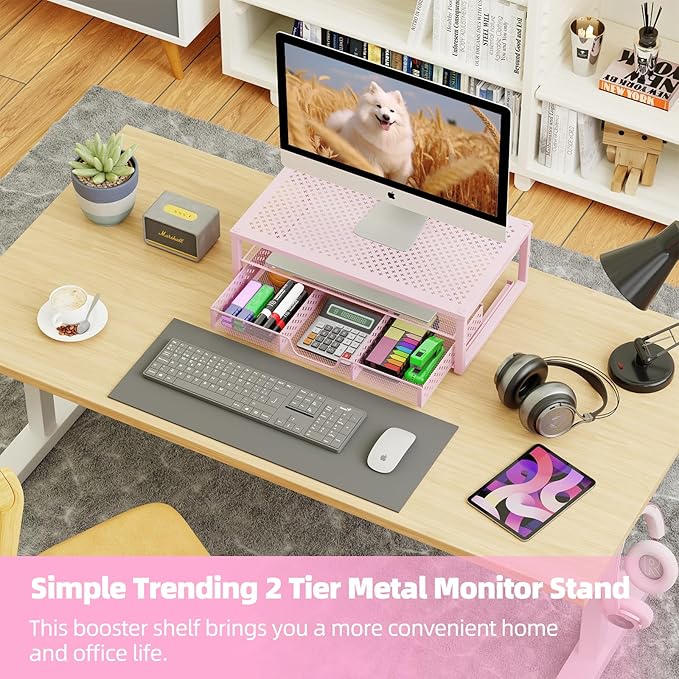 Simple Trending Metal Monitor Stand Riser and Computer Desk Organizer with Drawer for Laptop, Computer, iMac, Pink