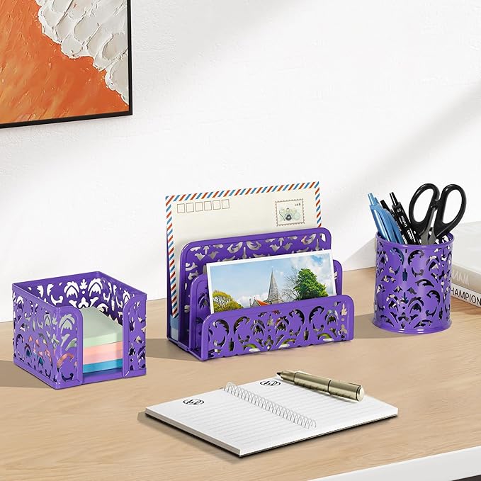 EasyPAG Desk Organizers and Accessories 3 Pieces Office Organizer Set - Pen Holder for Desk, Mail Sorter Countertop and Sticky Note Holder, Purple