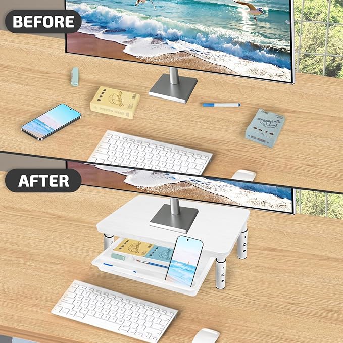 Monitor Riser, White Monitor Stand, Blocks To Raise TV Height, Solid Wood & Metal Computer Stand, Ergonomic TV Riser Blocks, 2 Pack, White, 14.5 Inches