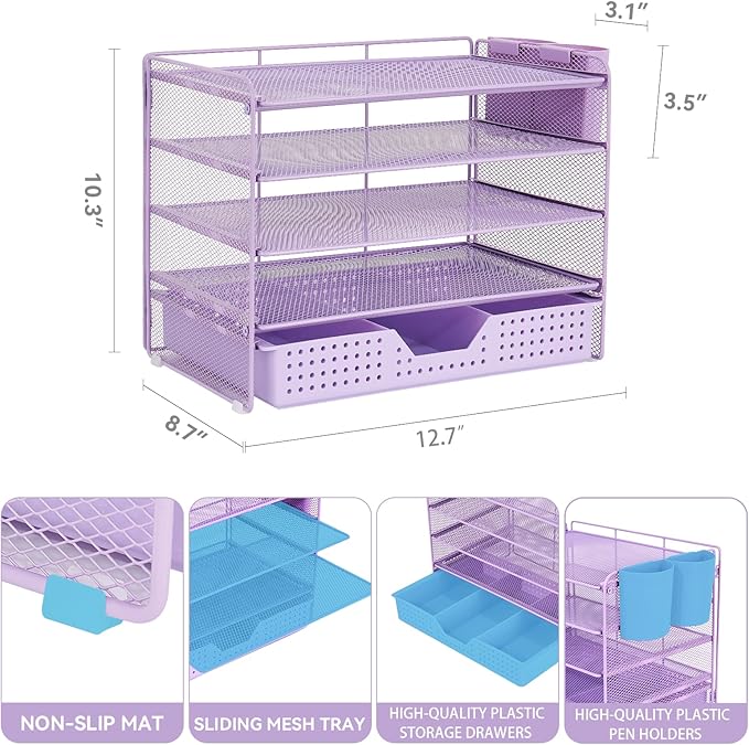 Desk Organizer and Accessories, 5-Tier Paper Letter Tray Organizer with Drawer & 2 Pen Holders for Desktop File Organization, Office Desk Accessories for Supplies Storage (Purple)