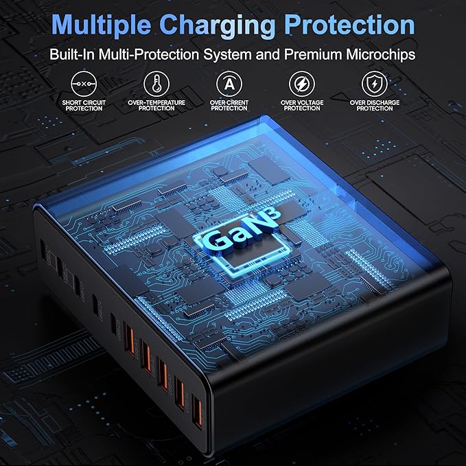 750W USB C Charger Block,10-Port Charging Station GaN Fast Charging Type C & USB A Wall Charger Adapter for MacBook Pro/Air,iPhone,iPad,Dell XPS,Samsung Galaxy (Bright Black)