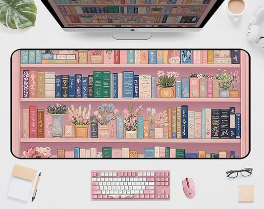 Cute Bookshelf Deskmat, Pink Desk Pad Mousepad XXL, Game Pad, Large Office Desk Keyboard Mat, Anti Slip Rubber Base and Sewn Edge Mouse Mat, Beautiful Reading Space Desktop Decor 31.5"X15.7"