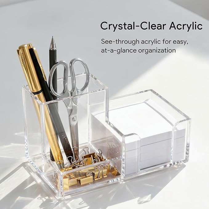 HBlife Acrylic Pen Holder for Desk, 3-Compartment Small Desk Organizer, Clear Office Supplies Desk Accessories with Sticky Notes Holder Stores Post It Notes 3X3 for Office, Home and School