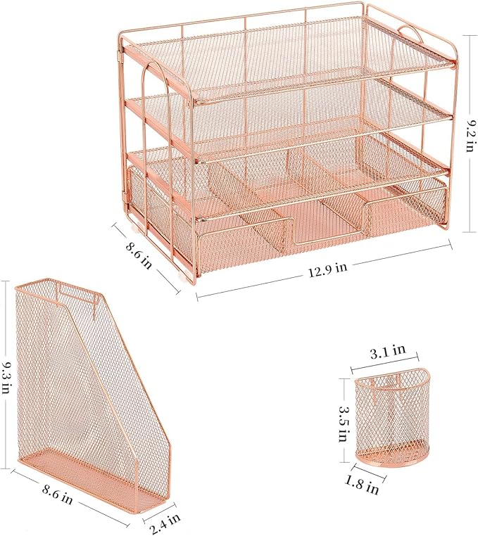 OPNICE Desk Organizer, 4-Tier Desktop File Organizer with Drawer and 2 Pen Holders, Office Desk Accessories, File Sorters, Workspace Organizers for Office Supplies(Rose Gold)