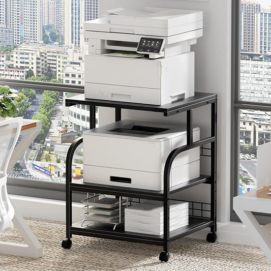 Lerliuo Large Printer Stand with Storage, 23.6"W x 18.9"D x 30.2"H, 5-Adjustable Shelf Heights Mobile 3 Tier Table with Lockable Wheels, Industrial Rolling Printer Cart, Black Stands for Home Office