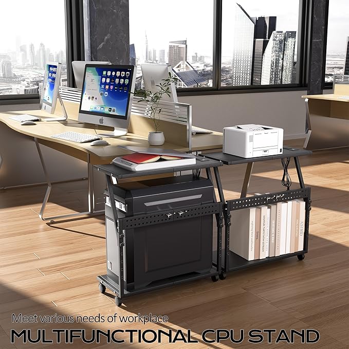 24In Large PC Stand, 5 Levels Height Adjustable Computer Tower Stand with Charging Station, Wheels and Hooks, CPU Holder Cart for Floor, Carpet and Under Desk, Easy Assembly（with Power Strips）