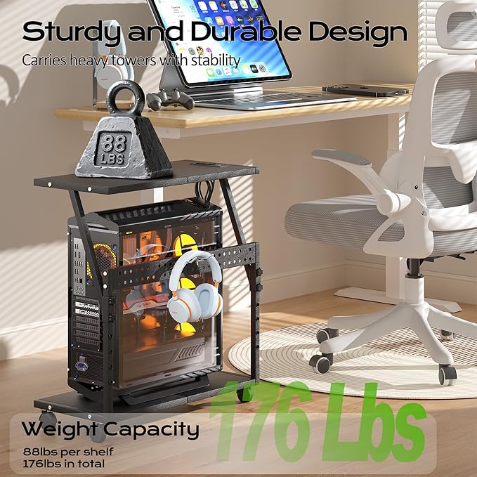 24In Large PC Stand, 5 Levels Height Adjustable Computer Tower Stand with Charging Station, Wheels and Hooks, CPU Holder Cart for Floor, Carpet and Under Desk, Easy Assembly（with Power Strips）