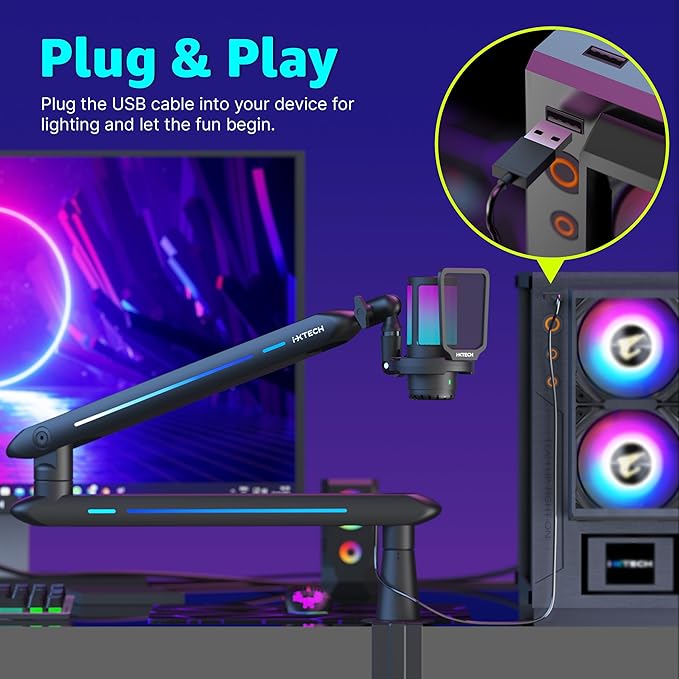 IXTECH RGB Low Profile Boom Arm for Mic, Adjustable Microphone Arm Stand with Desk Mount Clamp, Rotatable Microphone Boom Arm Mic Stand with Cable Management for Podcast Streaming Gaming Studio.