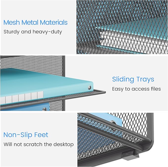 Lavatino Desk Paper File Organizer - Metal Mesh with 2 Letter Trays, 7 Flexible Dividers, 2 Vertical File Folder Holders for Office/Home/Classroom Supplies, Desk Organizers and Accessories, Grey