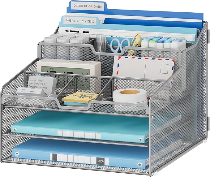 Lavatino Desk Paper File Organizer - Metal Mesh with 2 Letter Trays, 7 Flexible Dividers, 2 Vertical File Folder Holders for Office/Home/Classroom Supplies, Desk Organizers and Accessories, Silver