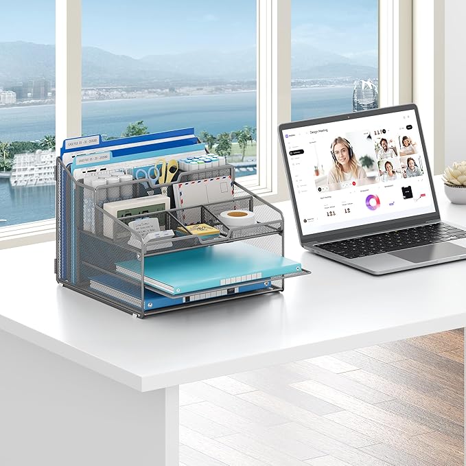 Lavatino Desk Paper File Organizer - Metal Mesh with 2 Letter Trays, 7 Flexible Dividers, 2 Vertical File Folder Holders for Office/Home/Classroom Supplies, Desk Organizers and Accessories, Silver