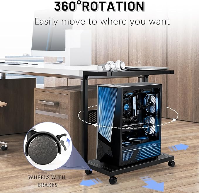 Large PC Stand Computer Tower Stand 2-Tier Metal CPU Holder with Locking Caster Wheels Suitable for Most PC (Black,XL)