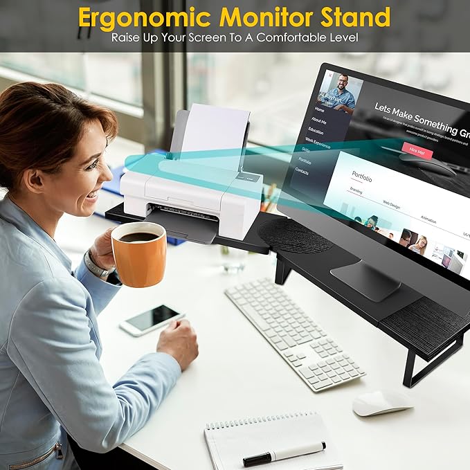 Dual-Monitor Stand for Desk - Large Adjustable Length and Angle Riser for 2 Monitors, Double Computer Desktop Organizer, Shelf for TV, Laptop, Printer