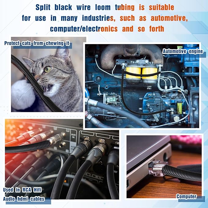 Sasylvia 1/4, 3/8, 1/2'' x 100 Ft, 3/4, 1, 1.5, 2'' x 20 Ft Split Wire Loom Tubing Wire Loom Assortment Split Cable Sleeves Bulk Flexible Electrical Conduit Protective kit