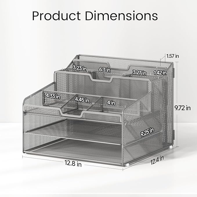 Lavatino Desk Paper File Organizer - Metal Mesh with 2 Letter Trays, 7 Flexible Dividers, 2 Vertical File Folder Holders for Office/Home/Classroom Supplies, Desk Organizers and Accessories, Silver