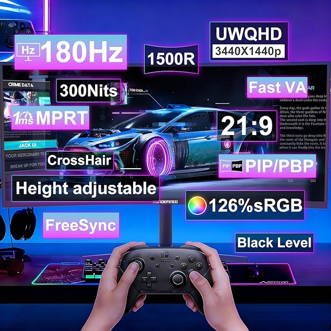 34 Inch Curved Monitor 180Hz, UWQHD 3440x1440p Ultrawide Gaming Monitor R1500 with Speaker, PIP/PBP, 4000:1 Contrast, sRGB126%, HDR, FreeSync & G-SYNC, 1ms(MPRT), HDMI/DP Port, Adjustable Stand, VESA