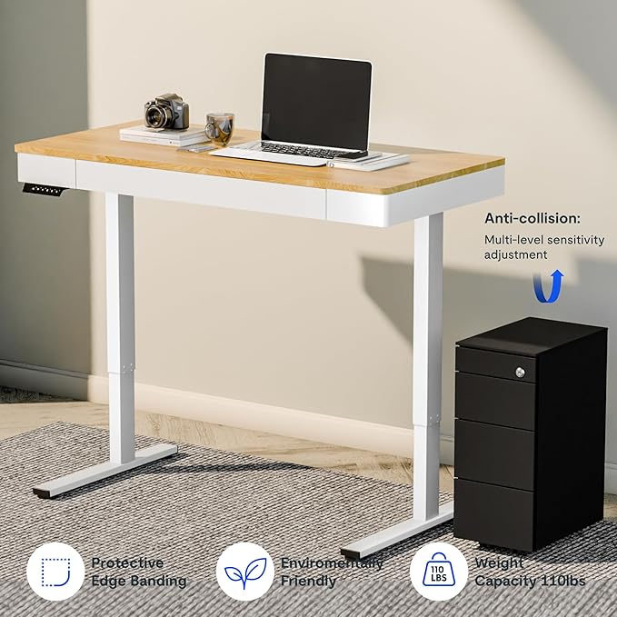 FLEXISPOT Q5 Standing Desk with Drawer, 48 x 24 Inch Electric Adjustable Height Stand Up Desk with Storage Organizer, Whole Piece Wooden Desktop for Home, Office, Computer Workstation, Maple