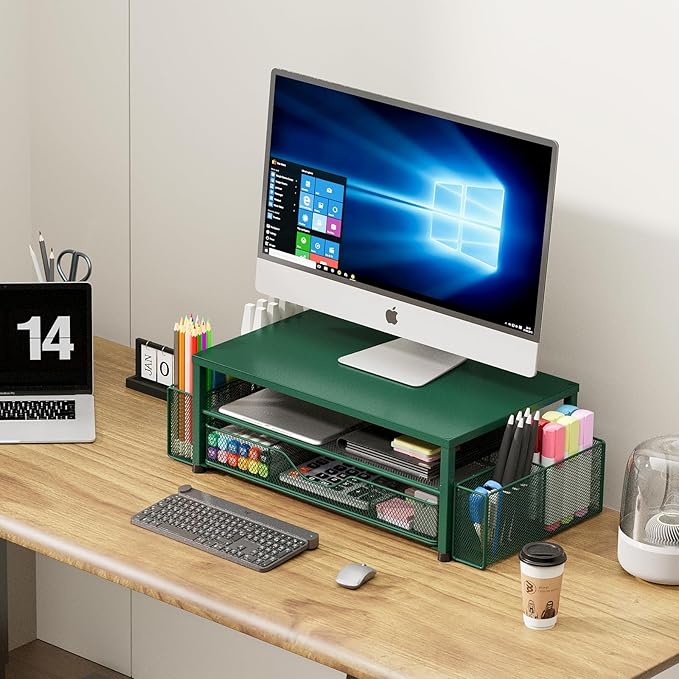 OPNICE Desk Organizers and Accessories, 2-Tier Computer Monitor Stand Riser with Drawer and 2 Pen Holders, Laptop Stand, Office Desk Accessories for Office Supplies, Dark Green
