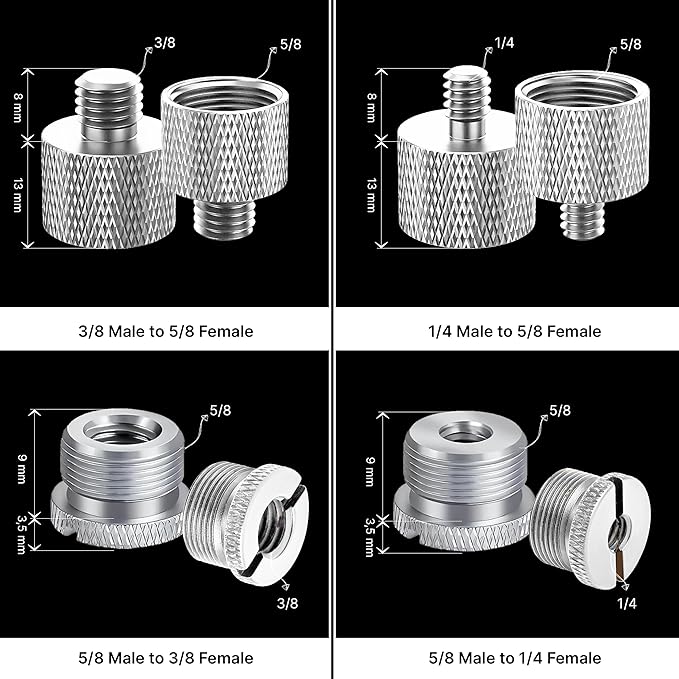 IXTECH Mic Stand Adapter Set - 8pcs Metal Tripod Adapter - 5/8" to "3/8" & "1/4" Male/Female Threads - ADP01 Silver