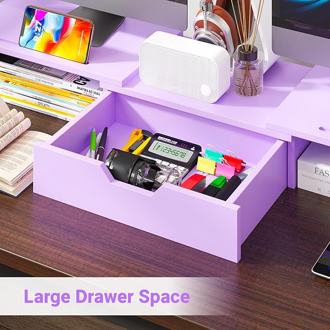 Elephance Dual Monitor Stand with USB Ports,Wood Computer Monitor Stand with Drawer,Adjustable Monitor Stand Riser,Desk Organizer for PC,Computer,Laptop,Purple Pink