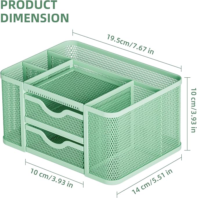 Marbrasse Mesh Desk Organizer, Pen Organizer with 2 Drawer, Multi-Functional Pencil Holder, Desk Organizers and Accessories with 5 Compartments + Drawer for Office Art Supplies (Green)