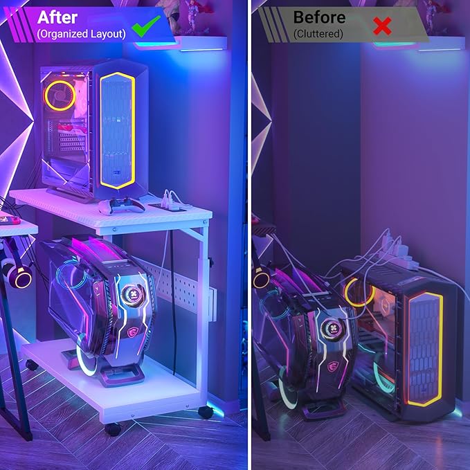 32" Large Computer Tower Stand with Power Strips, 4 Levels Manual Height Adjustable PC Tower Stand for Under Desk, Mobile Rolling CPU Holder Computer Cart with Wheels, Carbon Fiber White