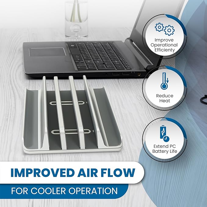 Elestoria 5- Slot Vertical Laptop Stand - Aluminum Laptop Stand Vertical for Desk - Fits MacBook Pro/Air, Surface, Mobiles & Gaming Laptops up to 17.3" - Heavy Duty Laptop Holder for Desk - (Silver)