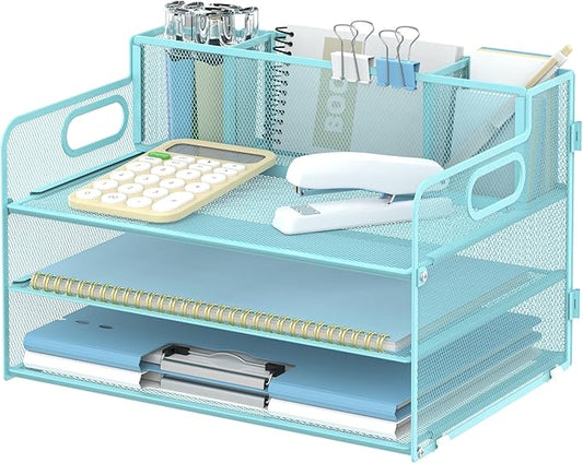 SUPEASY 3 Tier Desk Organizer with Handle & 3 Pen Holders, Mesh Paper/File Organizer for Desk, Paper Letter Tray Organizer for Office Supplies (Light Blue)