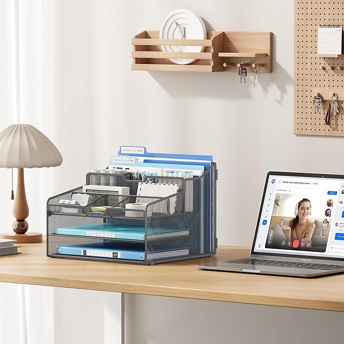 Lavatino Desk Paper File Organizer - Metal Mesh with 2 Letter Trays, 7 Flexible Dividers, 2 Vertical File Folder Holders for Office/Home/Classroom Supplies, Desk Organizers and Accessories, Grey