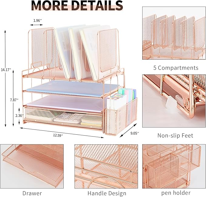 Desk Organizers and Accessories, 3-Tier Paper Organizer with 5 Vertical File Holders, File Organizer for Desk (Rose Gold With Drawer, 3T With Drawer)