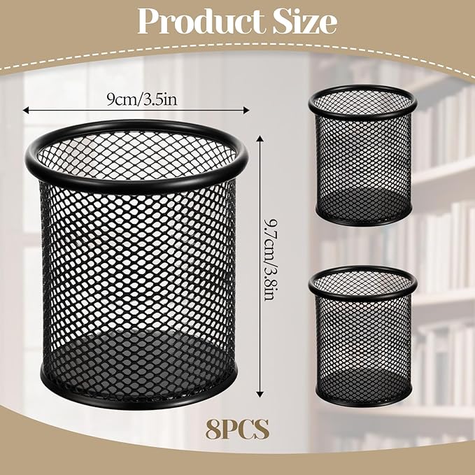 8 Pack Pen Holder for Desk, Black Metal Mesh Pencil Holders Small Trash Can Desktop Pen Holder Desk Accessories & Workspace Organizers for Home, Office, 3.8’’ Tall