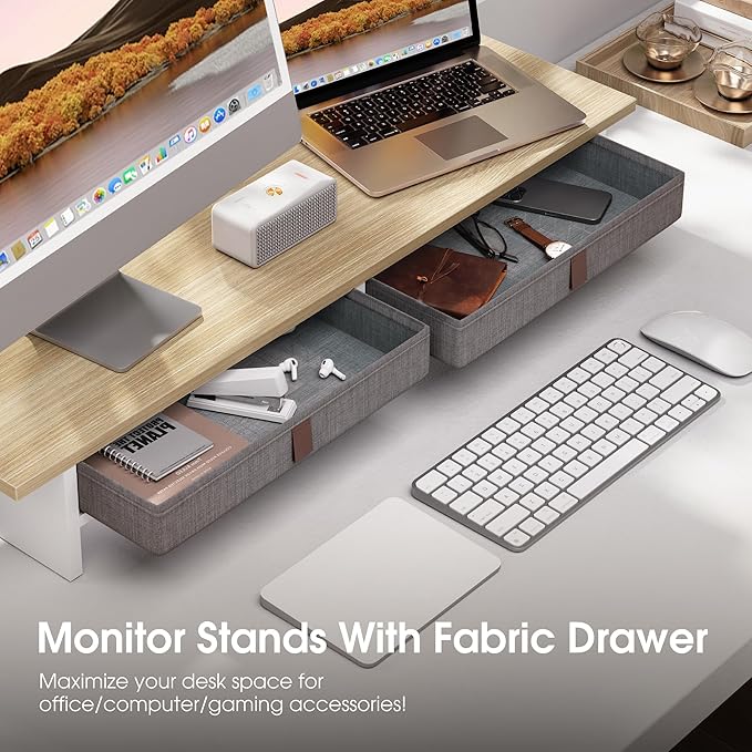 Fenge Monitor Stand with Drawer, 2 Tiers Dual Monitor Riser for Desk, 35 Inch Computer Stand for 2 Monitors, Desk Shelf for Home, Office, Laptop, PC, TV, Printer