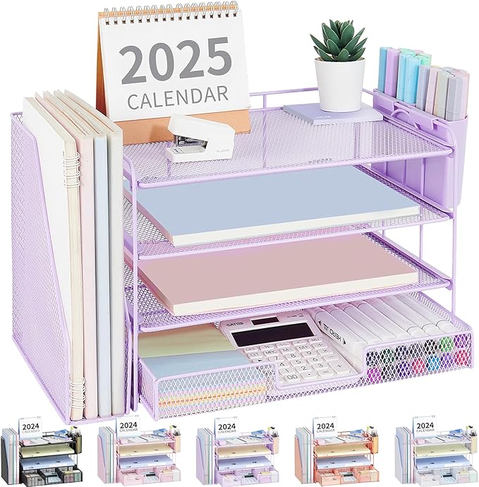 OPNICE Desk Organizer, 4-Tier Desktop File Organizer with Drawer and 2 Pen Holders, Office Desk Accessories, File Sorters, Workspace Organizers for Office Supplies(Purple)