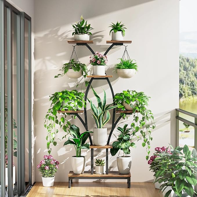 Plant Stand Indoor with Grow Lights - 7 Tiered Metal Corner Shelf for Multiple Plants, 63" Corner Plant Stand for Indoor Plants, X-Shaped Plant Rack for Home, Living Room, Office & Patio Decor