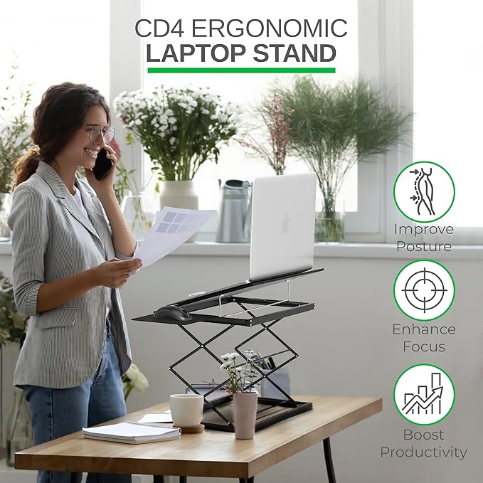 CD4 Adjustable Standing Desk Converter for Laptops, Vertical Laptop Stand, Table Top Riser Standing Desk with Mouse Pad, 2.6"-18.6" Adjustable Height Converter