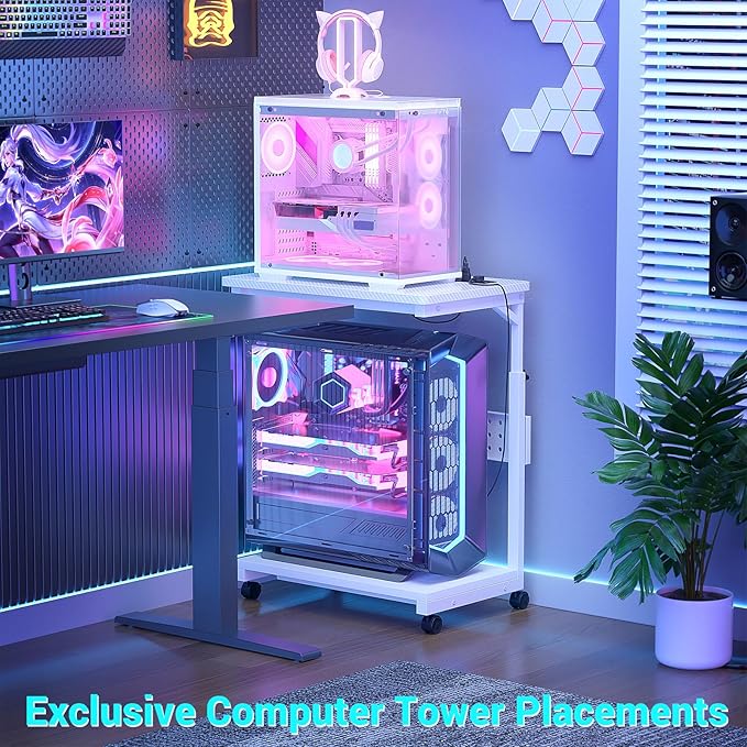Computer Tower Stand with Power Strips, 4 Levels Manual Height Adjustable PC Tower Stand for Under Desk, Mobile Rolling CPU Holder, Computer Cart with Wheels, 24", Carbon Fiber White