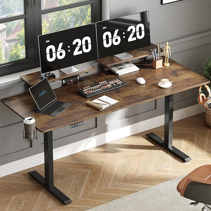 ONBRILL Standing Desk with 2 Adjustable Monitor Shelves, 63 x 24 Inches Electric Stand Up Desk with Memory Controller and Adjustable Height from 28-46 inches for Computer Workstations, Rustic Brown