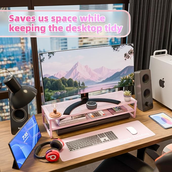 Simple Trending 2 Tier Metal Dual Monitor Stand Riser, Computer Office Desktop Organizer for 2 Monitors with 32"x10" Mouse Pad for Laptop, Printer, TV, Pink