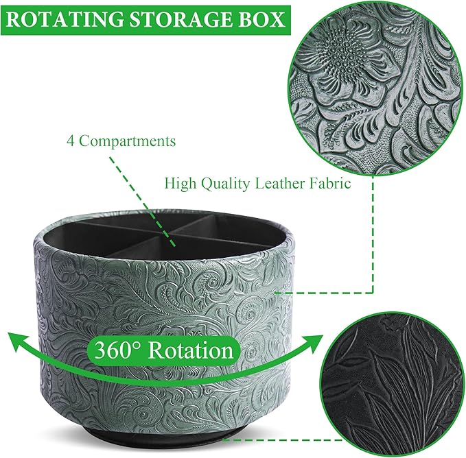 lizimandu Round Leather Art Supply Organizer,Remote Control Holder,360 Degree Spinning,Multi-Functional Pencil Holder,4 Compartments Desktop Stationary Organizer(1-Carved Cooper Green)