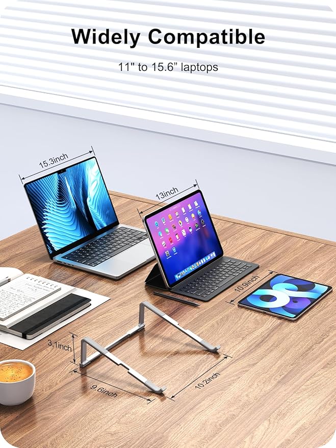Laptop Stand for Desk, Aluminum Computer Stand for Laptop, Foldable Laptop Riser, Portable Laptop Stand, Compatible for MacBook Pro/Air, Dell, HP, Lenovo, 11'' -15.6'' (Silver)