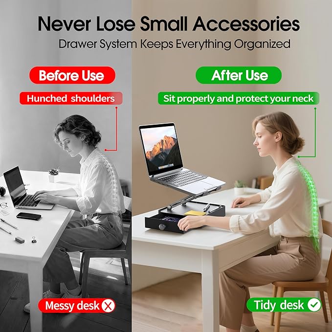 Laptop Stand with Storage Drawer, Heavy-Duty Metal Laptop Riser for Desk, Ergonomic Height & Angle Adjustment for 10–16.2″ Laptops, Gray